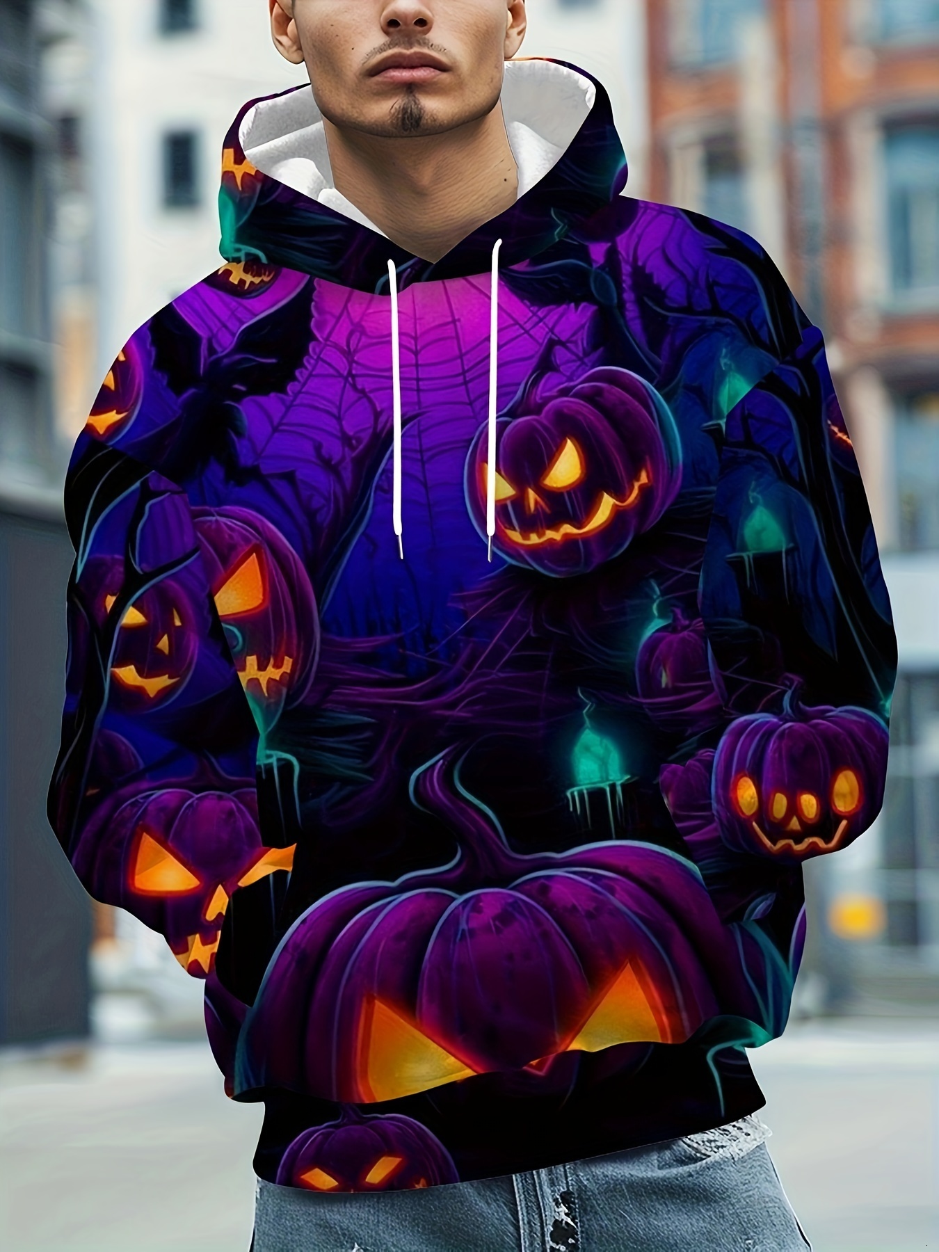 Halloween Glowing Pumpkin 3D Hoodie - Casual Long Sleeve Pullover with Hood, Geometric Pattern, Polyester Knit Fabric, Regular Fit, No Belt, No Detail
