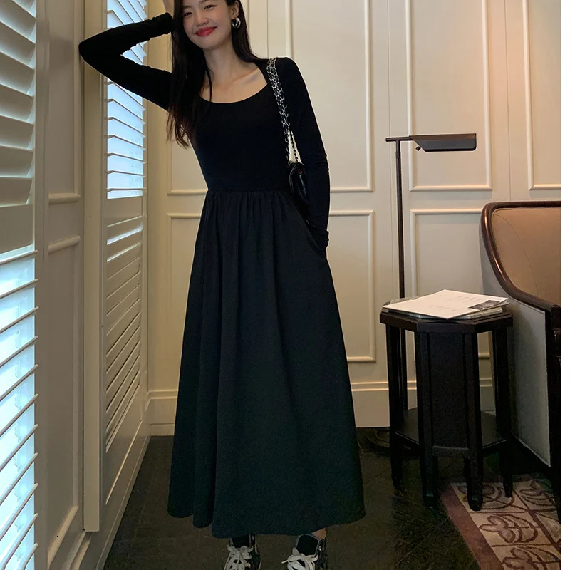 Vintage Square Collar Maxi Wedding Dresses for Women Clothing Party Office Lady Casual Black Pockets Bodycon Midi Dress Autumn 241007