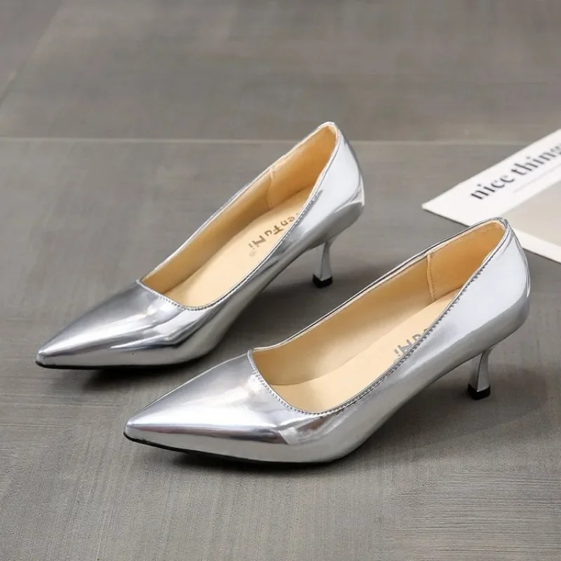2025 new Fashion Women Patent Leather High Lady Pointe Toe Gold Sier Heels Pumps Female Wedding Bridal Shoes 241014