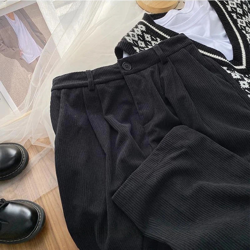 Vintage Corduroy Women Pants High Waist Coffee Wide Leg Fall Casual Korean Office Ladies Trousers 241009