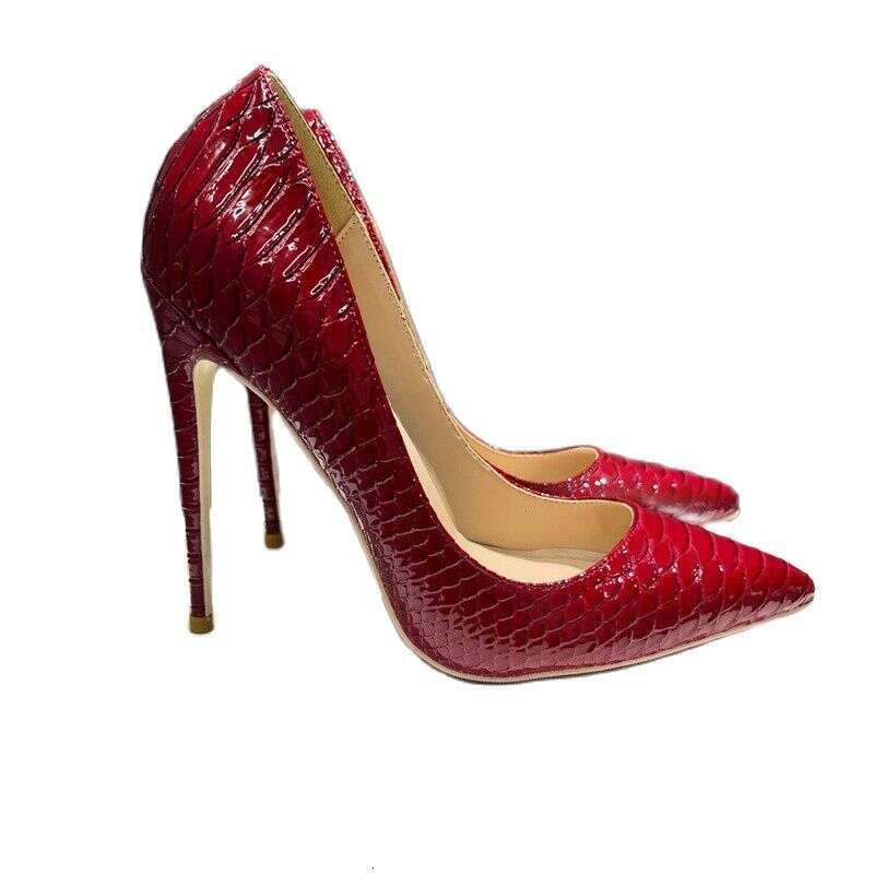 Red Snakeskin Emed Women Sexy Pointed Toe 12Cm Thin High Heels Ladies Slip On Stilettos Pumps Woman
