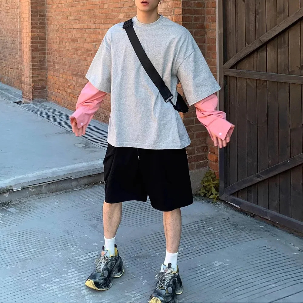 Mens T-Shirt Long Sleeve Y2K Korean Style Two-Piece Contrast Stitching Top Autumn Oversize Casual Pullover MenS Clothing 241011