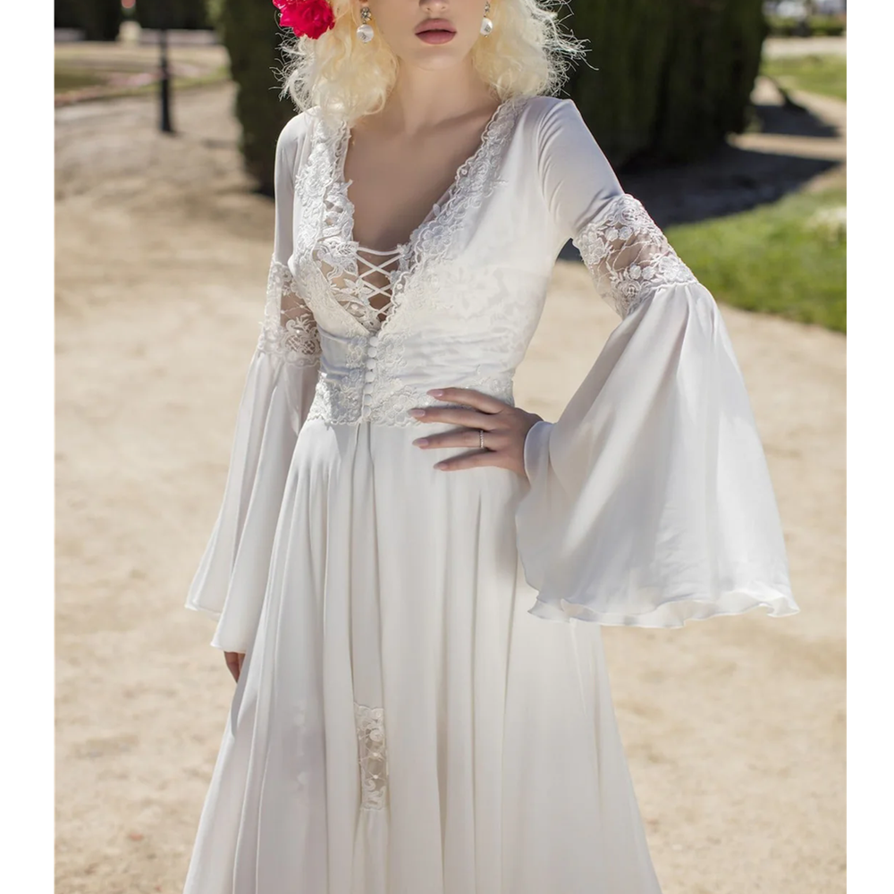 Country Deep V Neck Lace Beach Wedding Dresses for Women Boho Bohemian 2024 Bridal Gown Long Sleeves Vestidos novias