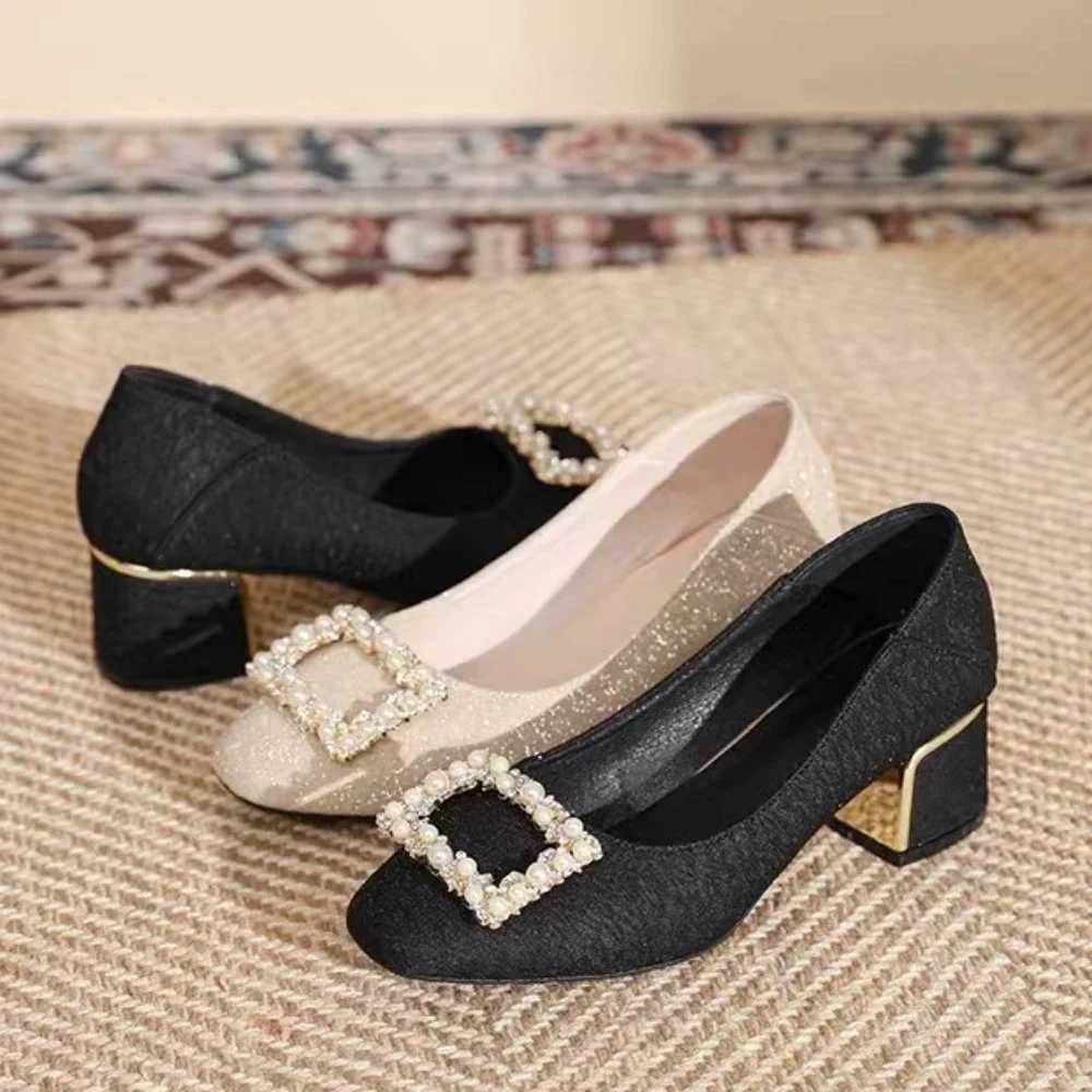 Fashion Women High Heels Black Mules Heels Women Chunky Rhinestone Elegant Shoes Party Wedding Woman Pumps Plus Size Women ShoesLX241014