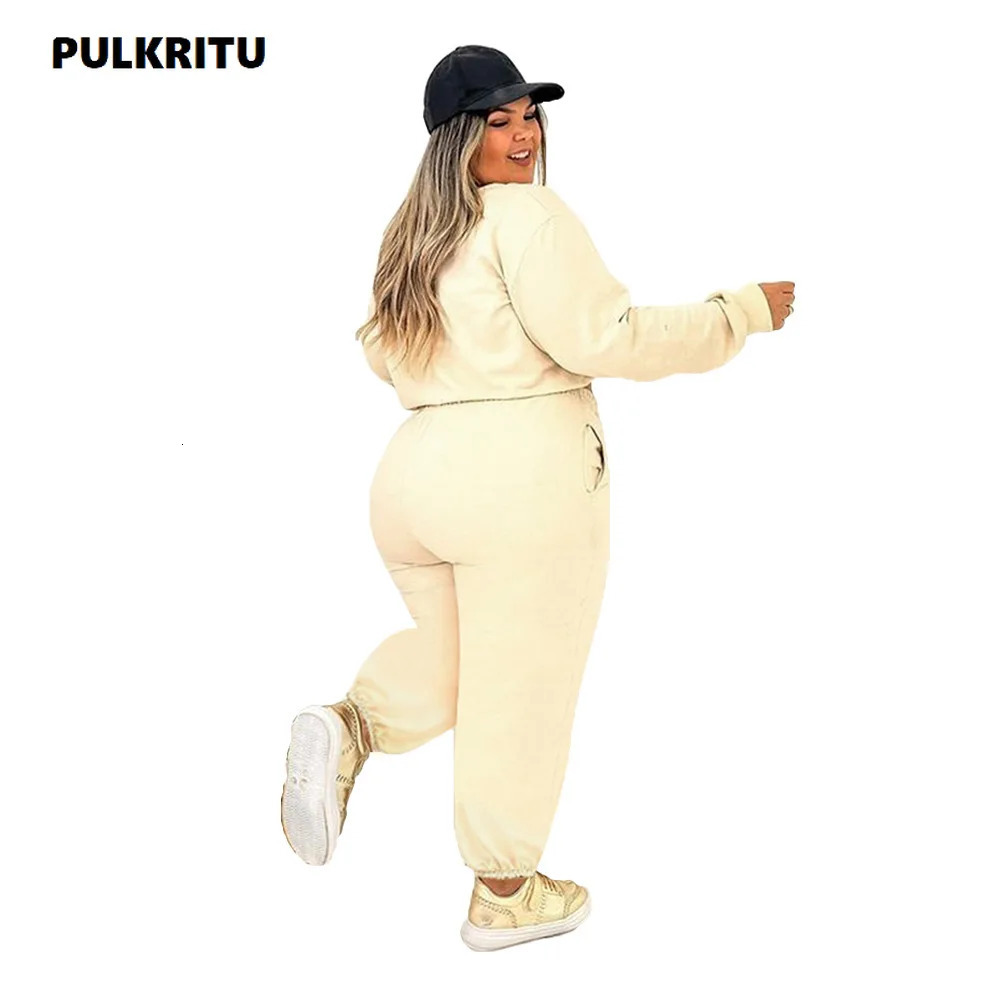 Pulkritu plus size womens jogging pants set and long sleeved sportswear fashionable two-piece set active sportswear set 240930