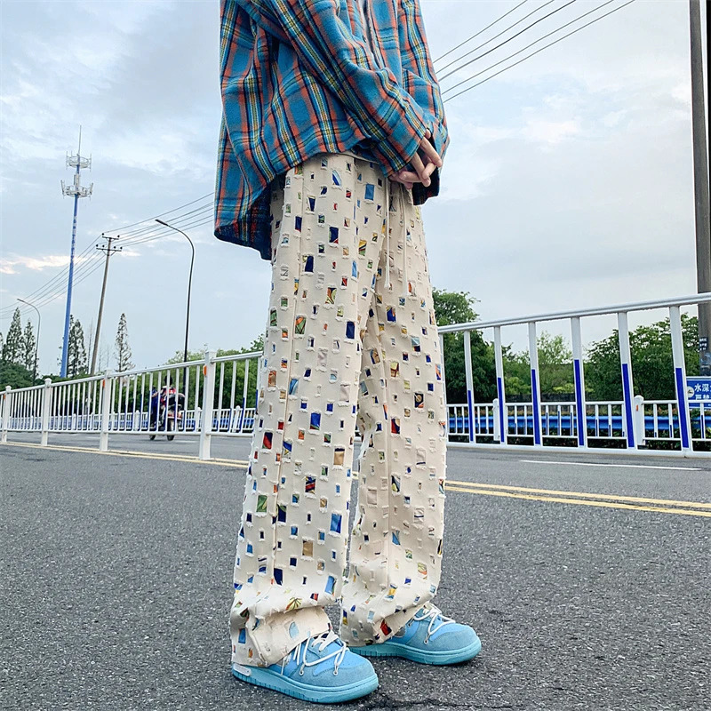 Spring break mens loose casual elastic waist cargo pants retro jacquard printed pants 241007