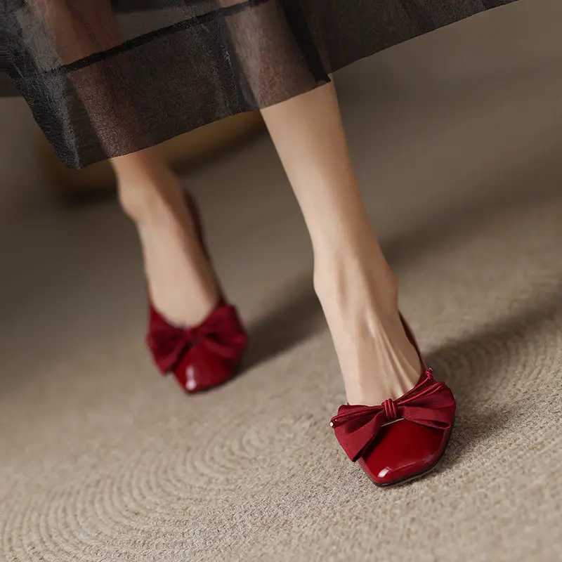 Black Kawaii Ladies Summer Footwear Square Toe Cute Low Heel Elegant with Bow Shoes for Women 2024 Red Y2k on Offer Chic PointLX241014