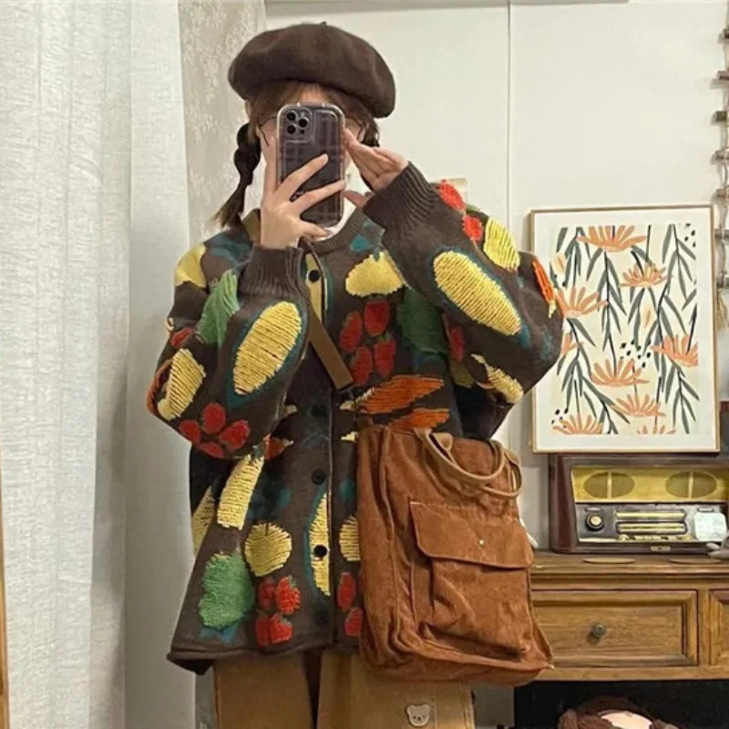 Japanese Cartoon Fruits Knitted Cardigan Women Basics ONeck Female Long Sleeved Loose Autumn Winter 241009