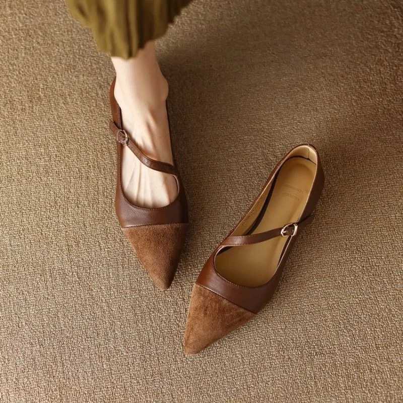 2024 New Women Flat Womens Pointed Toe Single Shoes One Word Buckle Round Mary Jane Shoes Ballerina Flats MujerLX241014