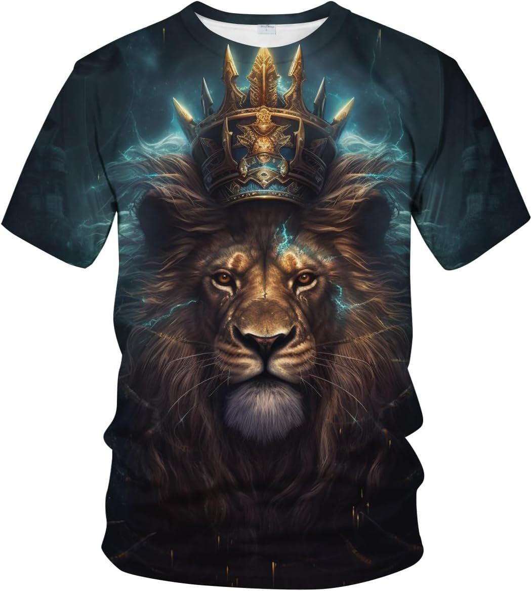 Mens T shirt Lion Head Golden Crown Art Lightning Lion King Short Sleeve graphic tee Casual tops summer clothes Short sleeve Trendy Fashion cool