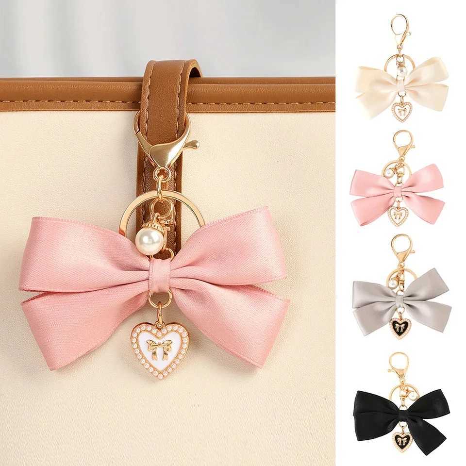 Sweet ribbon bow heart-shaped charm keychain bow with metal tag pendant key bag decoration car tricycle accessories gifts Y241014