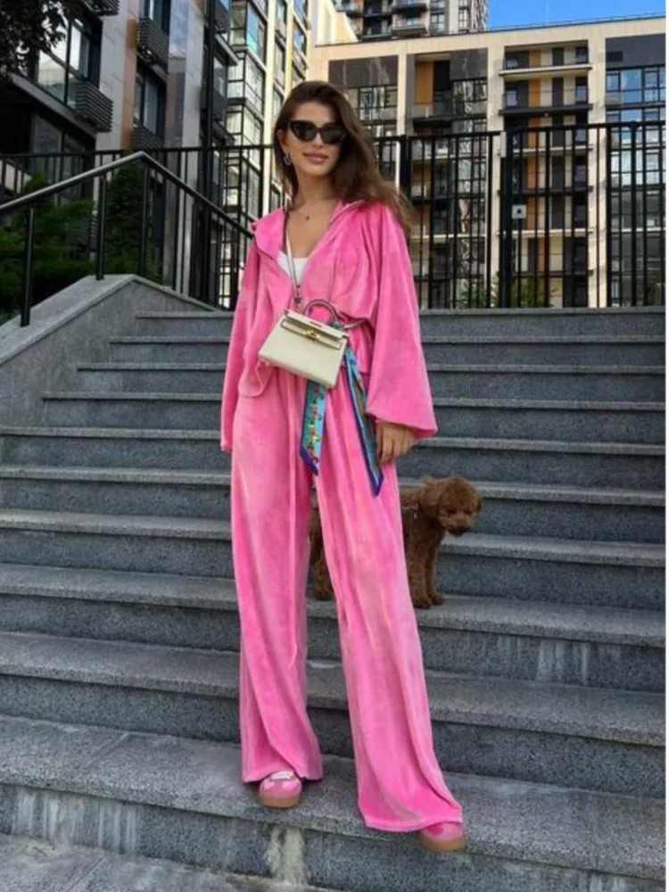 Solid Color Velvet Pants Sets Women Fashion Zipper Hoodie High Waist Drawstring Trousers Two Piece Set Female Autumn Winter 241008