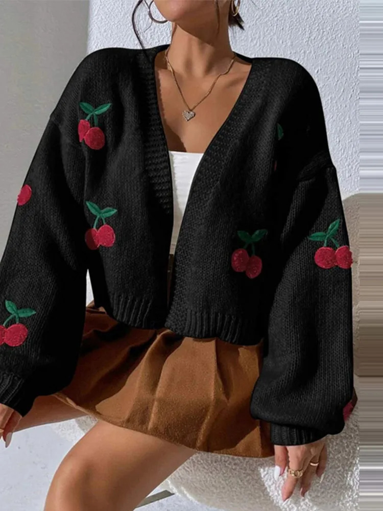 Knitted Short Womens Sweater Cardigan Cute Embroidered Cherry Sweaters Long Sleeve Vneck Women Cardigans Soft Casual Tops 241009