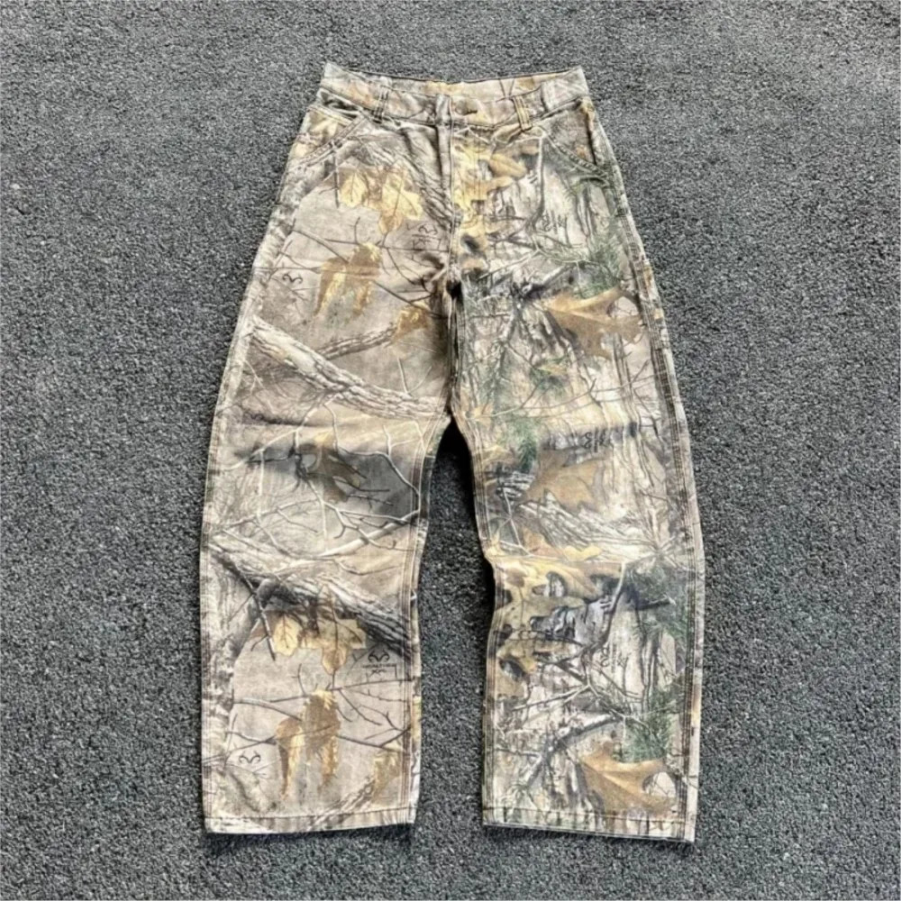 Mens split style camouflage jeans American style old washed wide leg retro loose fashionable trend street straight jeans camouflage pants Y2K 241008