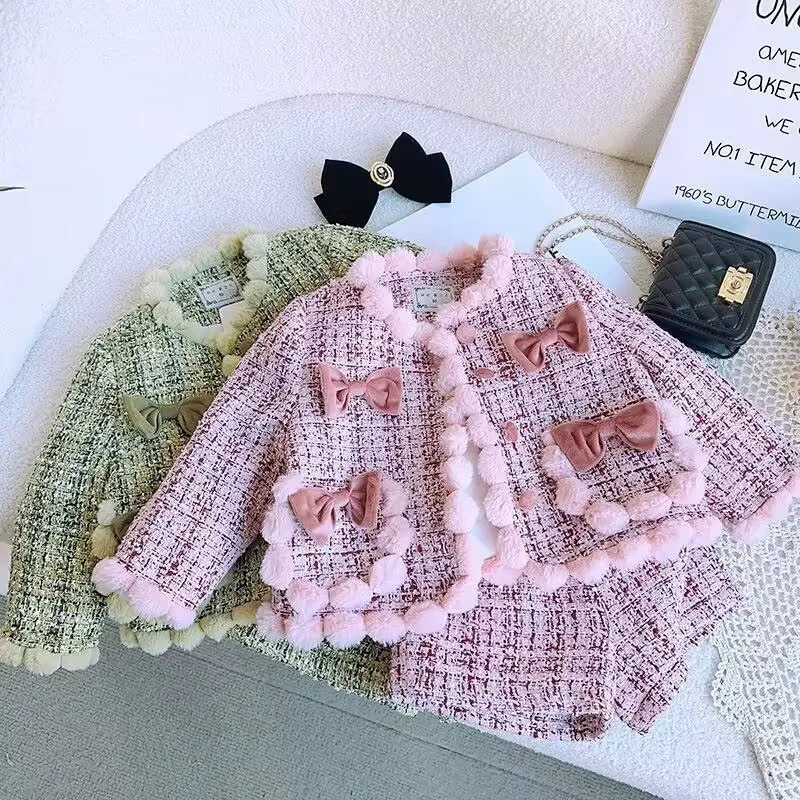 Adorable Pompom n Baby Girls Tweed Coat and Shorts Soft Warm Autumn Winter Kids Clothing Set Teens Outfits for 27Years y241011