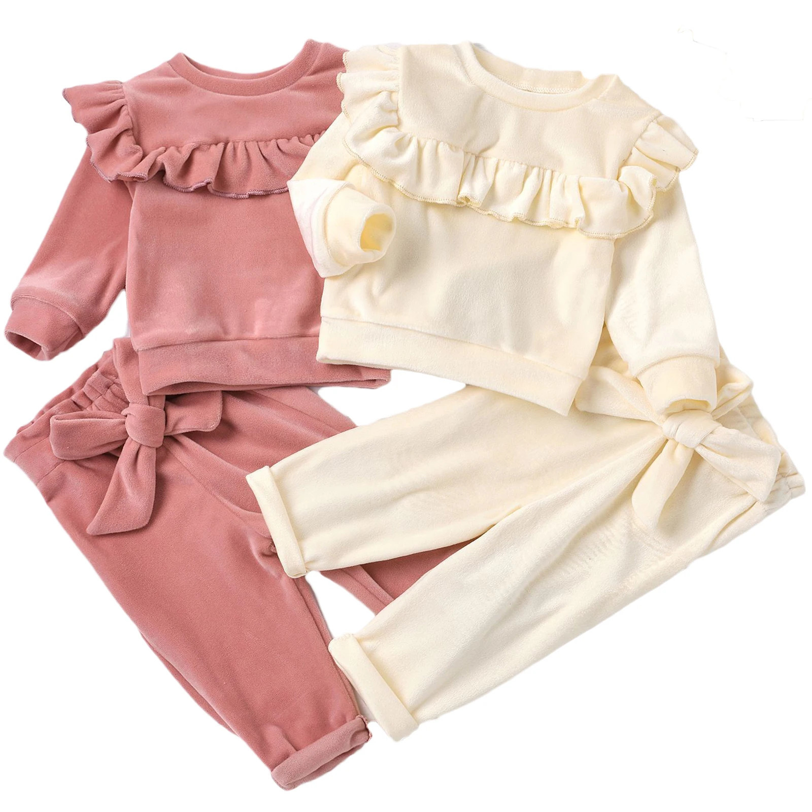 Spring Autumn Toddler Baby Girls Velvet Outfits Warm Clothes Sets Ruffle Hoody Top Coat Bowknot Pants 2pcs Kids Winter Clothing 241011