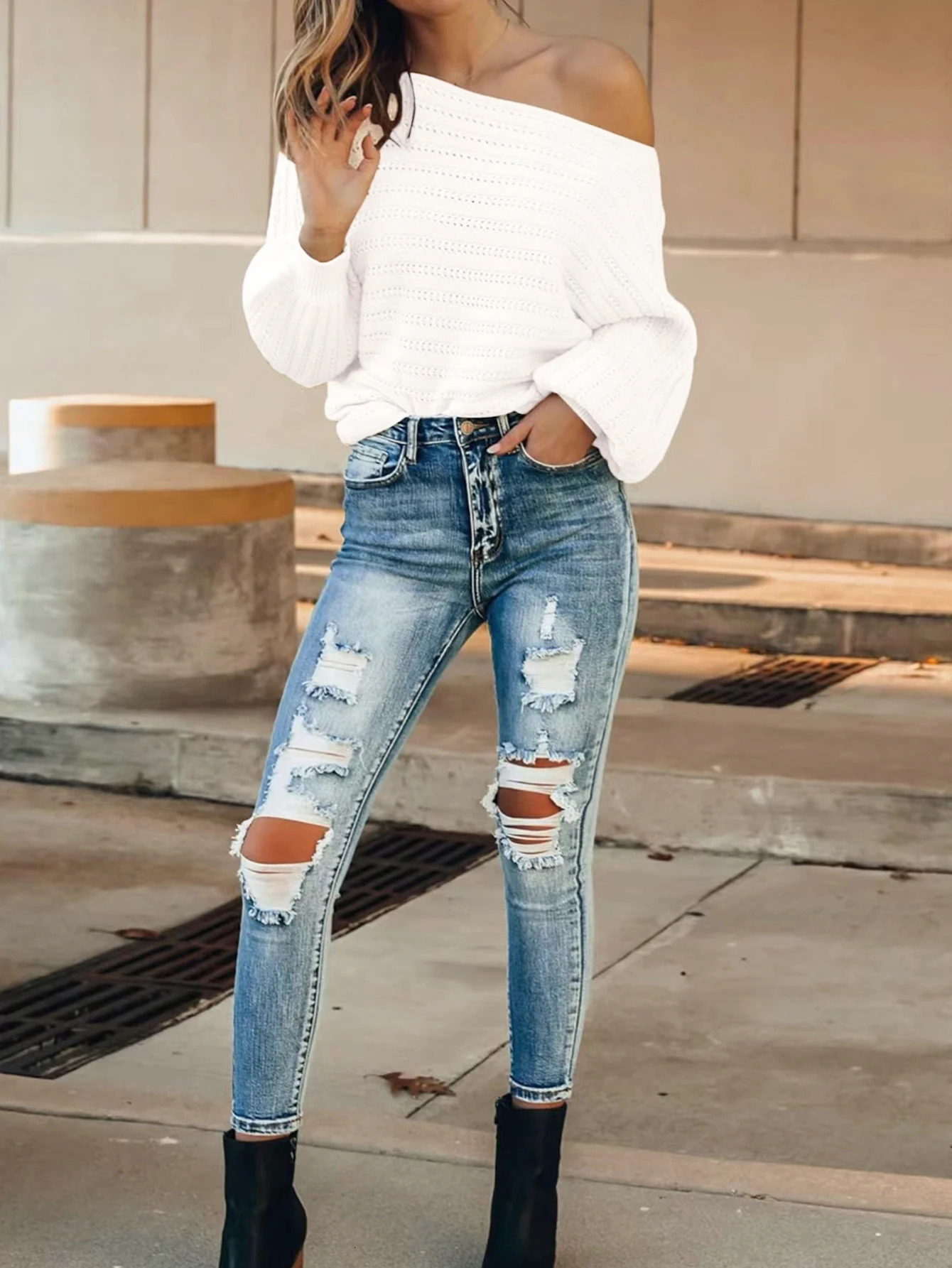 Hollow-out womens top solid color line shoulder sexy off-the-shoulder long sleeve loose sweater 241010