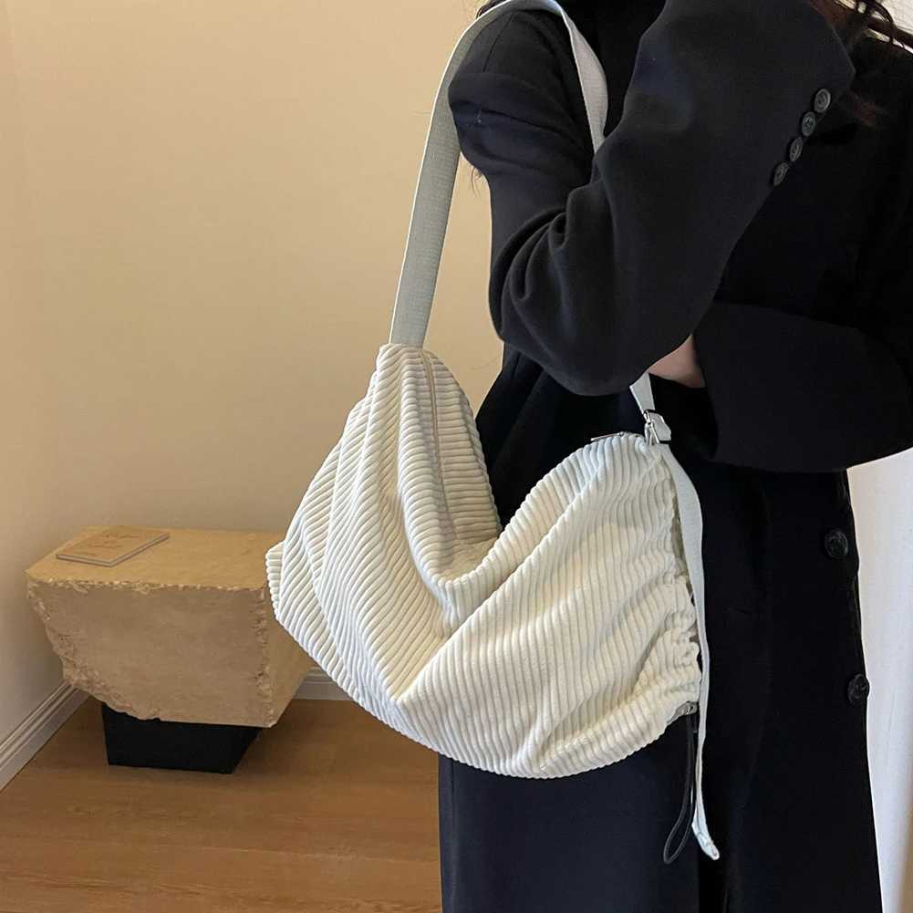 Drawstring Crescent Bag Corduroy Shoulder Adjustable Strap Men Ladies Tote with Zipper Hobo for Work Travel 241014