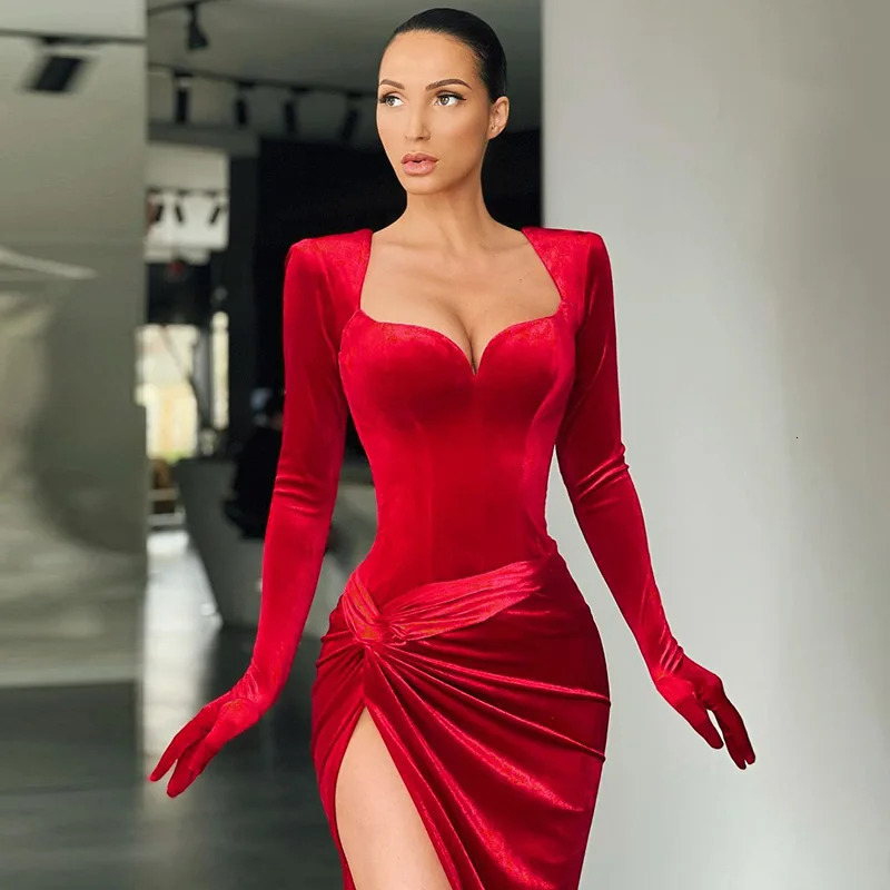 Sexy V Neck Long Sleeve High Split Long Maxi Dress Night Club Prom Wedding Party Dresses Women Evening Elegant Red Velvet Dress 241014