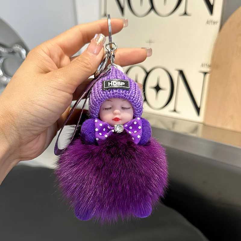 Cute sleeping baby fluffy keychain real fox fur doll keychain plush doll pendant fashionable keyholder car keyring womens bag Y241014