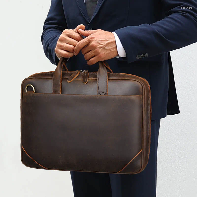 3 Briefcases Luufan Genuine Leather Men's Briefcase Bag Fit 15.6 Laptop Business Handbags Daily Working Tote Cow Male Computer Bags