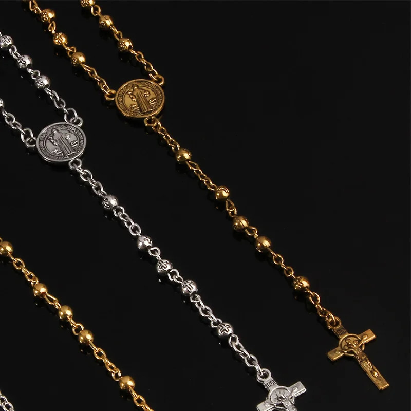 Stainless steel rosary beads 4mm bead necklace small ladies jewelry Jesus cross 241014