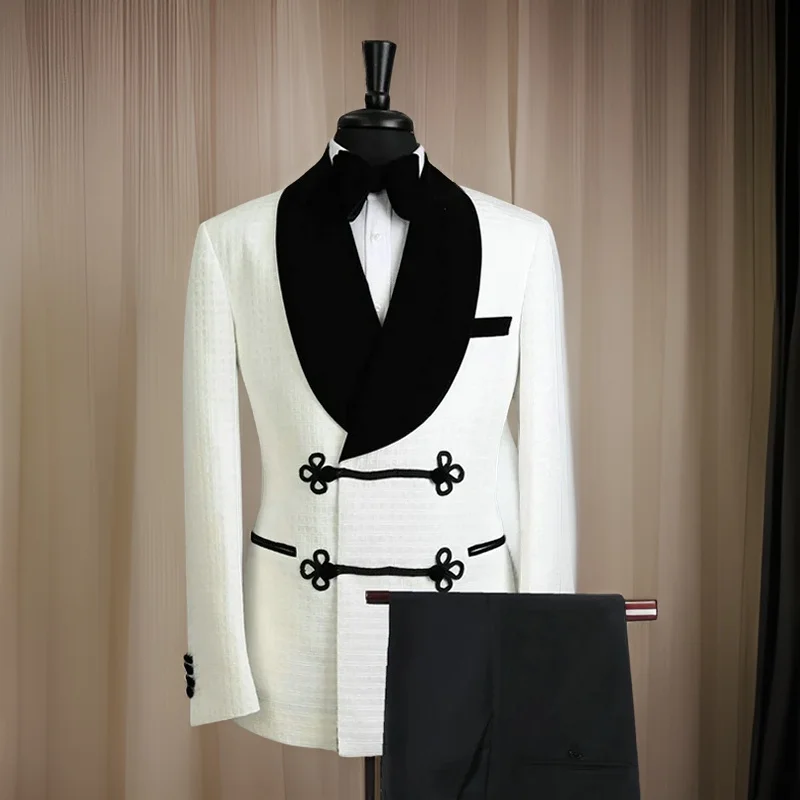 Double Breasted Men's Suits with Mandarin Buttons 2 Pcs Groom Tuxedo Terno Custom Made Velvet Suit (Jacket + Pants) 2024