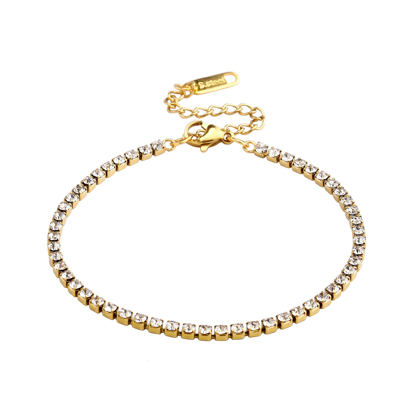 2MM Stainless Steel Prong Tennis Chain Bracelet 7 Inches 18k Gold Plated Hip Hop Sparkly Women Chains Bracelets Wrist Jewelry For Women Bijoux Gifts