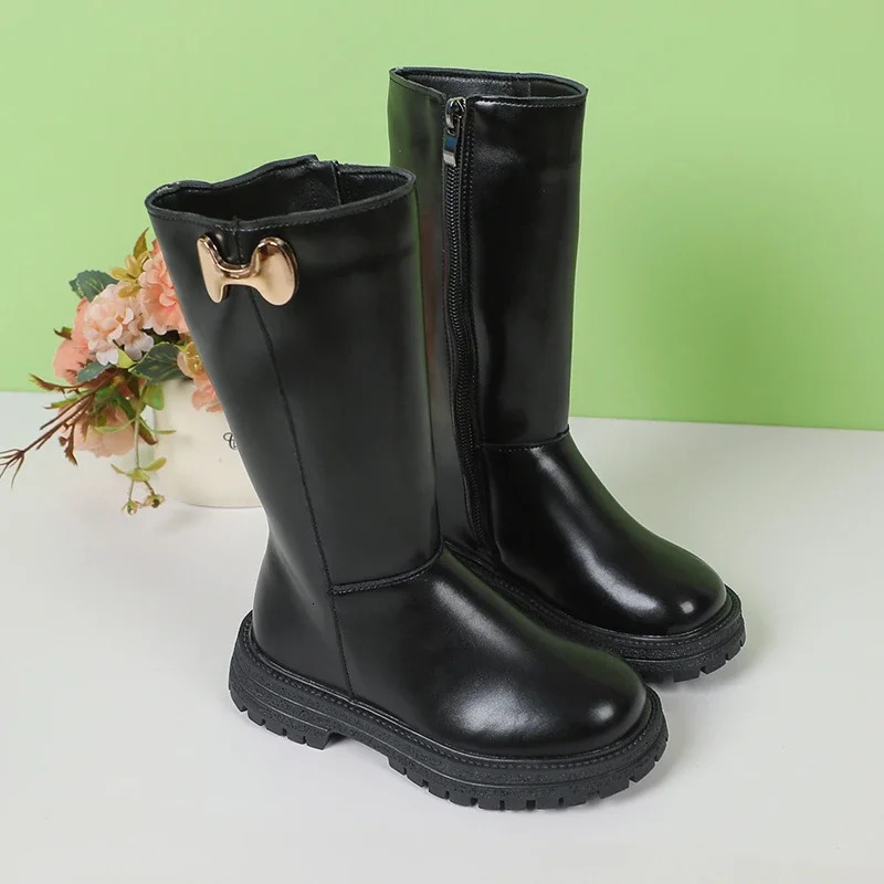 Girls Long Boots Black Fashion Kids Leather High Boots Autumn Winter Fashion Warm Fur Children Motorcycle Boots Classic 241014