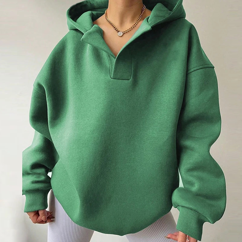 Winter Autumn Hooded Sweatshirts Elegant Women Long Sleeved Warm Thick Solid Pullovers Fashion High Street Loose Hoodies Female 241008