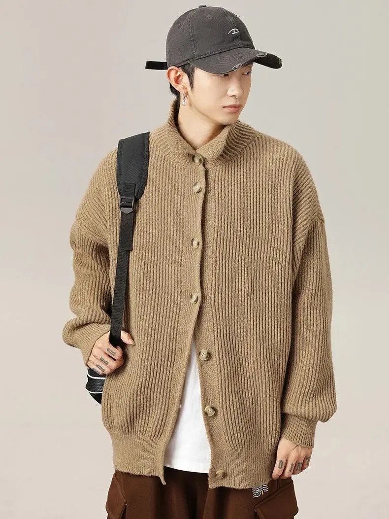 Lazy Style Japanese High Neck Cardigan Sweater Mens Autumn Winter Solid Warm Knit Sweater Loose Standing Collar Jacket Soft 241011