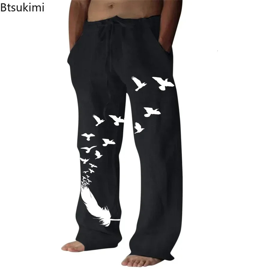 2024 Mens Casual Pants Pocket n Linen Drawstring Loose Trouser Plus Size Fashion Birds Feather Print Sweatpants 240930