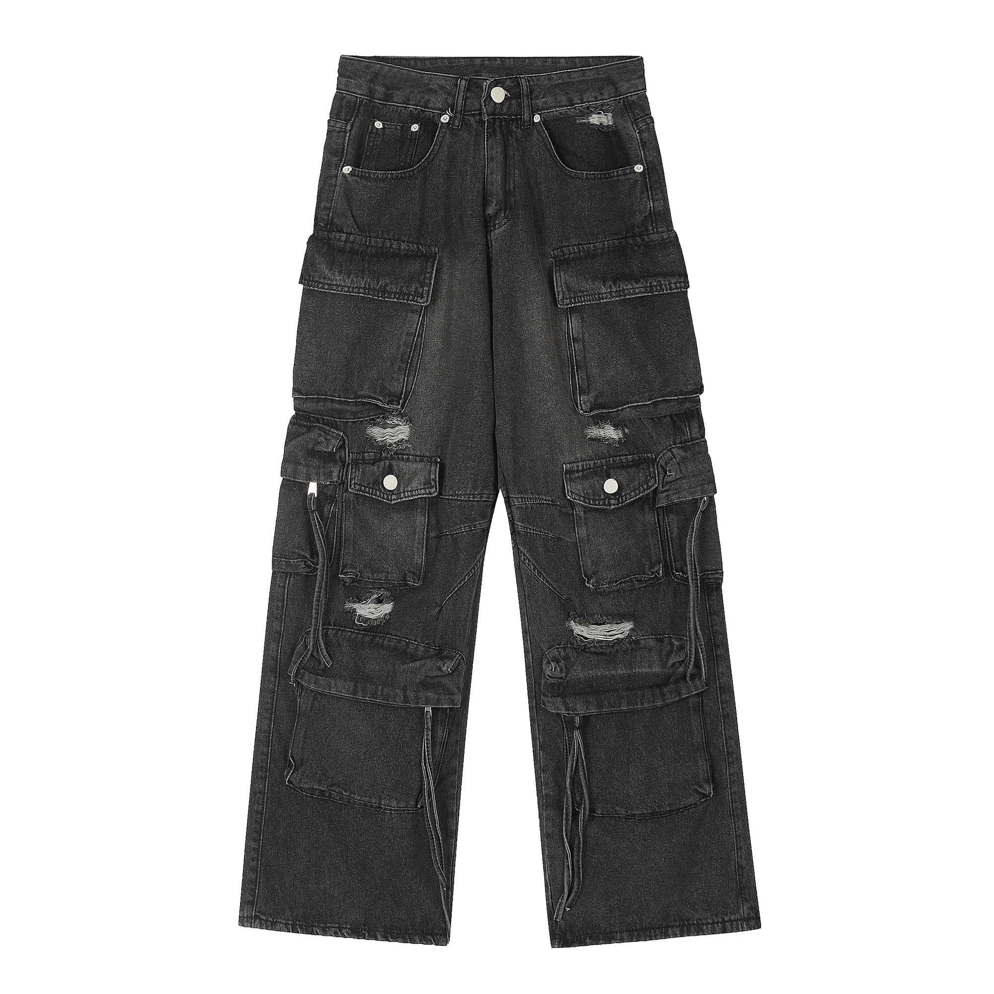 Multi Pocket Cargo Jeans Hip Hop Streetwear Pants for Men Distressed Ripped Baggy Jeans Dropshipping X250220