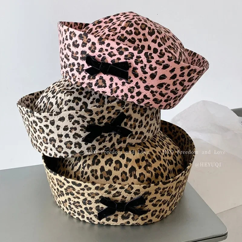 Japanese Y2K JK Yuppie Style Bow Leopard Print Sailor Hat Female Retro tie Showing Face Small Flipped Brim Beret Cap Women 241009