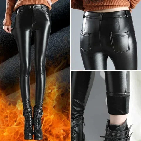 Leather Plush Thickened High Waist Elastic Korean Size Pu Pants Small Fashion Women Clothing Y2k 241007