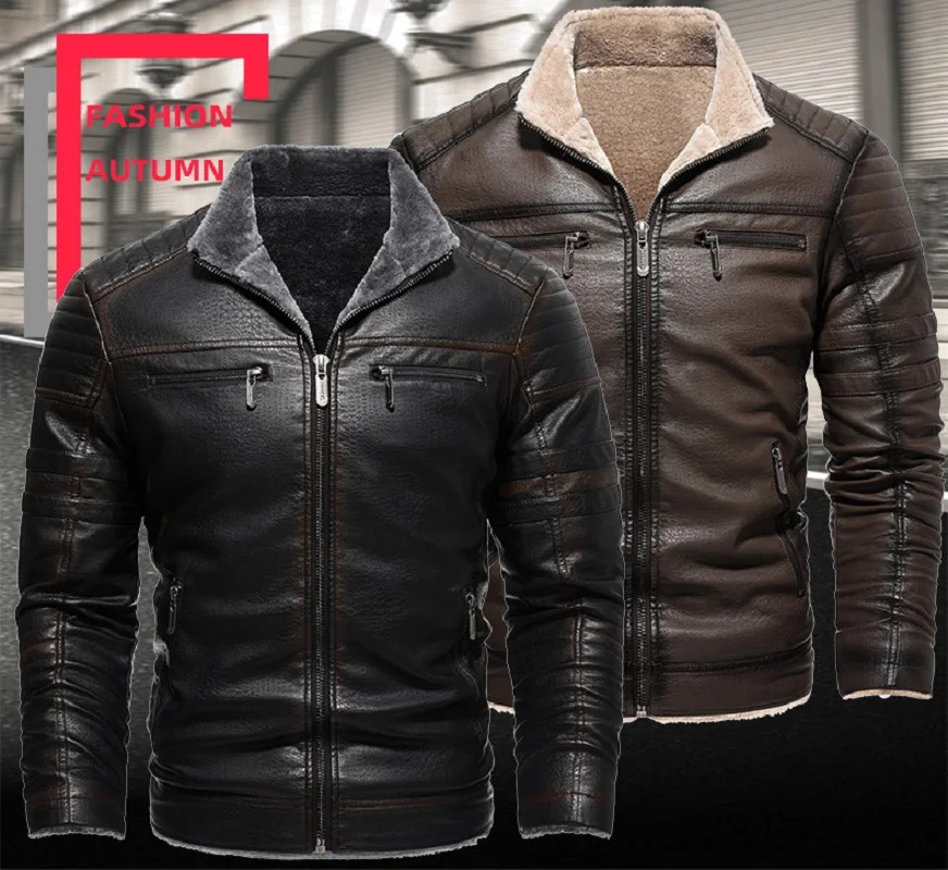 2024 Men Faux Leather Jacket High Quality Casual Zipper Fleece Warm Coats Winter Men Vintage Motorcycle Leather Jacket Men S-4Xl 241011