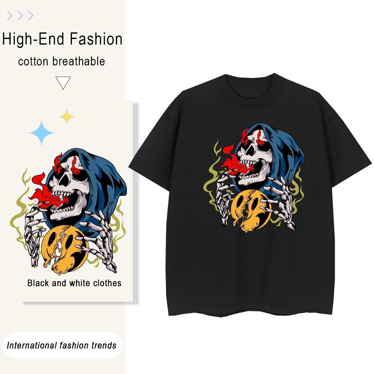 TOP Quality T Shirt For Woman 230g Pure Cotton Breathable Short Sleeve Casual Beach skull Couples T Shirts Unisex Cartoon Print Top Tees