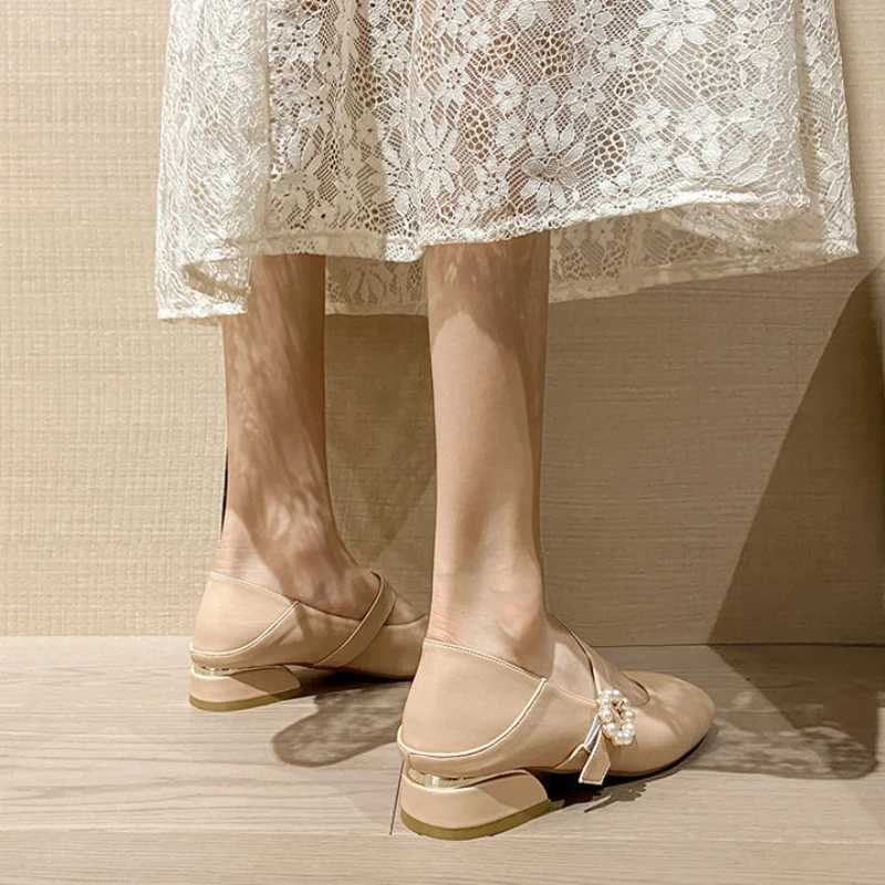 Ladies Summer Footwear Pearl Moccasins Shoes for Women 2024 Low Heel Elegant Japanese Style Lolita Mary Jane Square Toe White 39LX241014