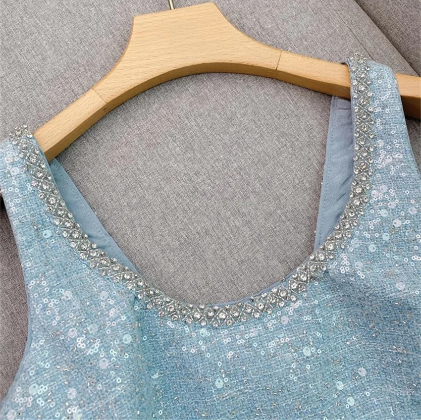 2024 Runway Sweet Spring Diamonds U Neck Blue Tweed Mini Dress Women Sleeveless Tank Bow Waist Hollow Out Sequin Dresses 241011
