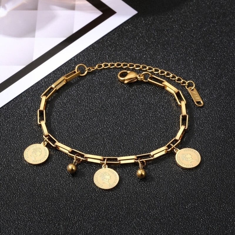 1pcs Goldcolor Bracelet Ladies Hip Hop Style Stainless Steel Round Sign Portrait Pendant Wide Cross Chain Jewelry y240919