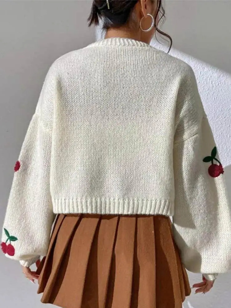 Knitted Short Womens Sweater Cardigan Cute Embroidered Cherry Sweaters Long Sleeve Vneck Women Cardigans Soft Casual Tops 241009
