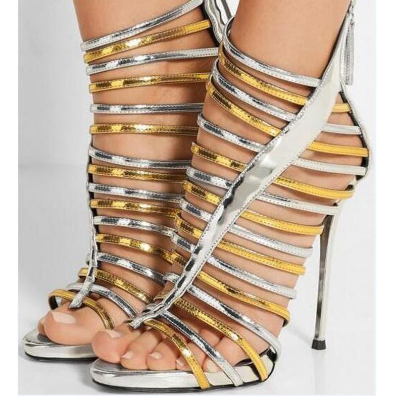 Sexy Cut Out Ladies Fashion High Heels Metallic Gold/Silver Leather Straps Women Open Toe Sandals Zipper Back Gladiator Sandals