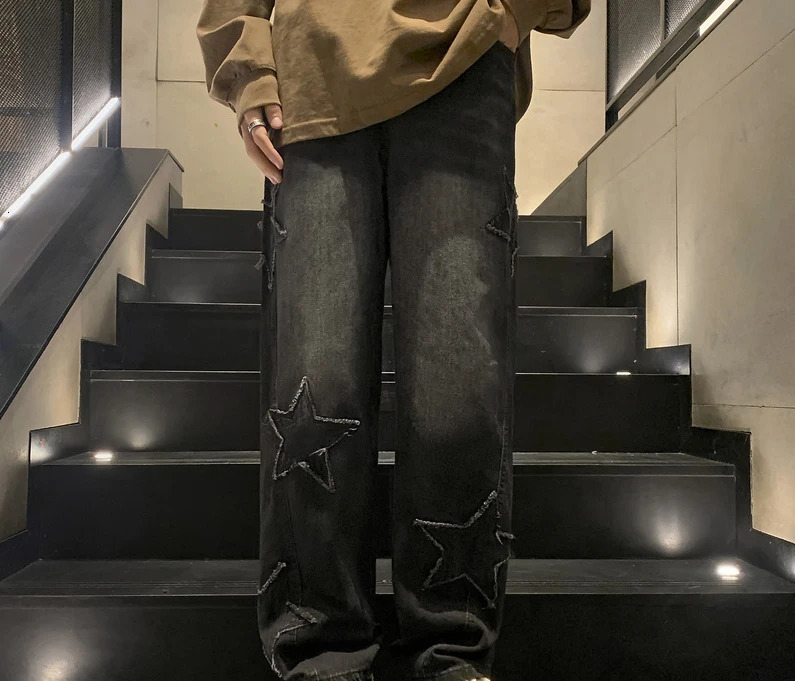 Fashion Five-pointed Star Jeans Men High-waisted Vintage Streetwear Men Pants Baggy Winter Wide-leg Jeans Denim Men Clothing 241011