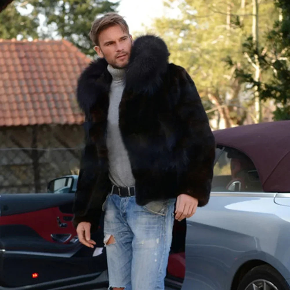 Mens Faux Fox Fur Coat Autumn Winter Men Fashion Long Sleeve Warm Hooded Faux Fur Black Casual Men Jackets Cardigan Coat 241011