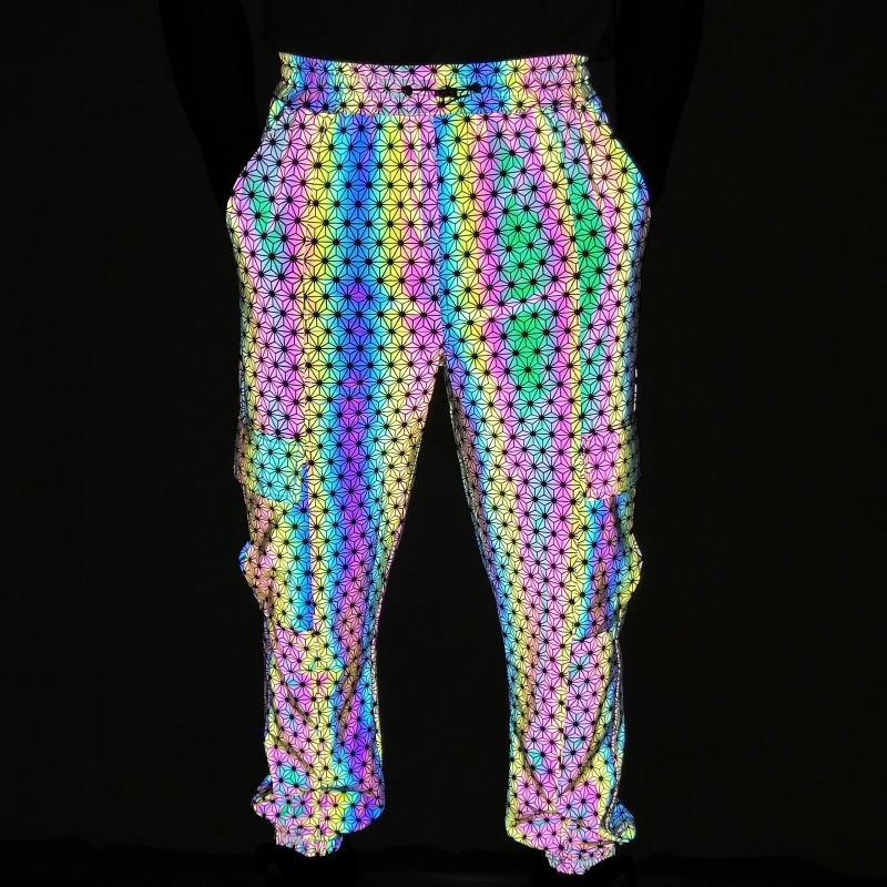 Color holographic reflective mens Trouser hip-hop knitted breathable waist cargo pants casual jogging sports pants 241007