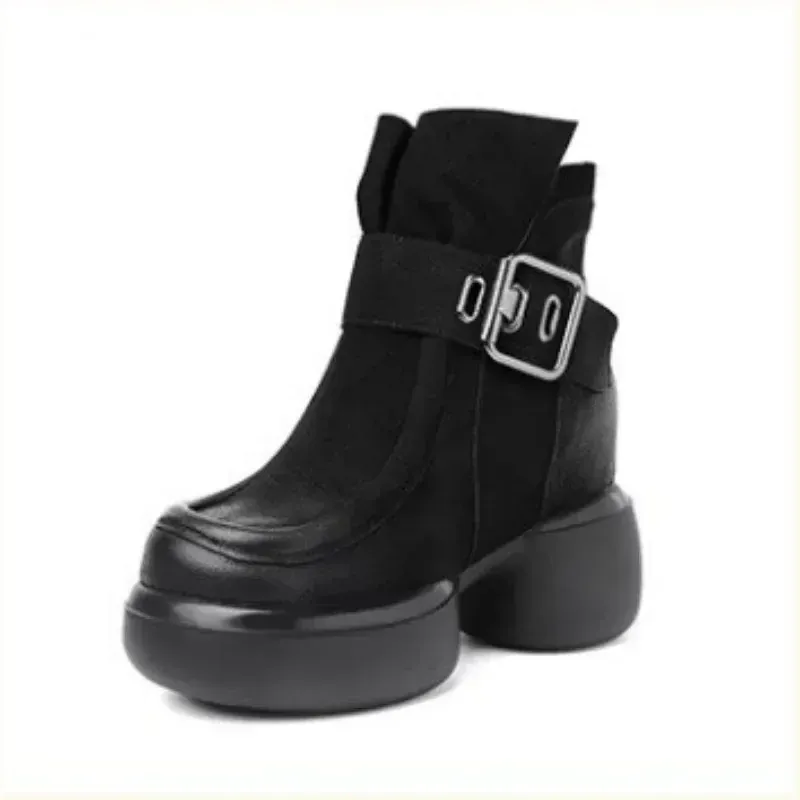 Brown Snow Women Platform Elastic Soc British Wind Show Thin Metal Buckle Ankle Boots Martens Boots 35-40