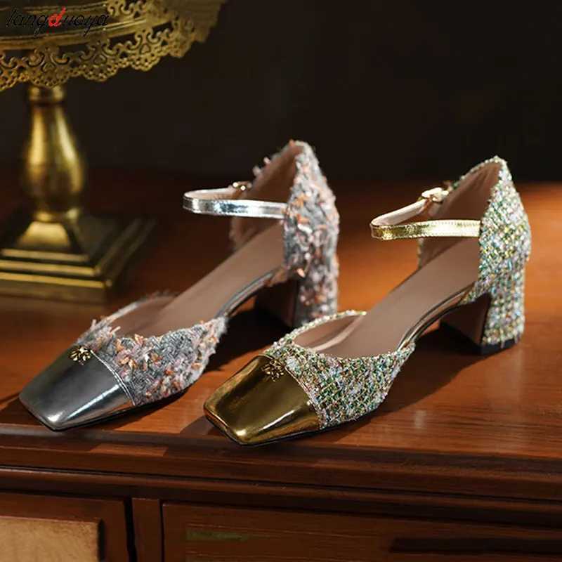 Gold Luxurious design Mary Jane shoes women New French square toe high heels Classic Ankle Buckle Dress Party Shoes Women SandalLX241014