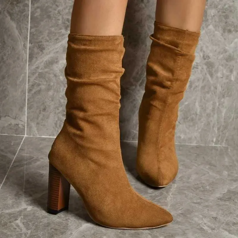 2023 New Winter Mid-Calf Fashionable Folding Thick Heel Pointed Toe Western Sexy Slip-On Womens Boots H240709