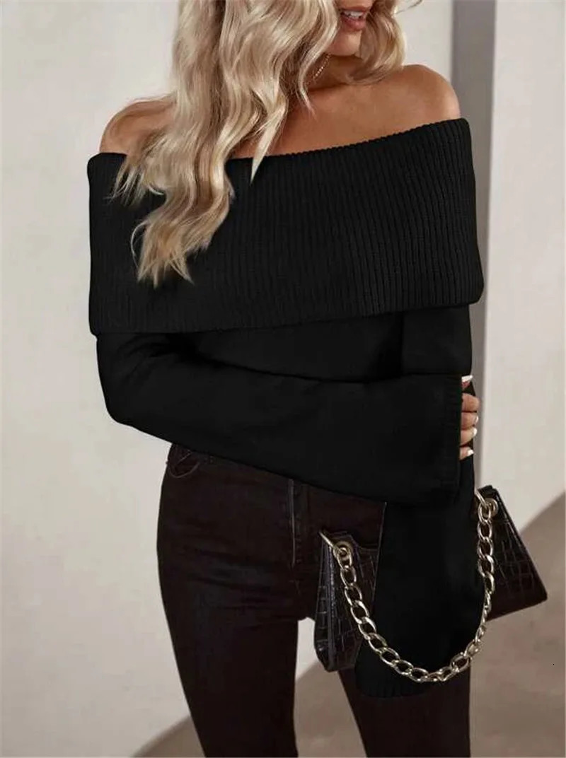 2024 Womens AutumnWinter Sweater One Line Neck Slim Fit Fashion Sexy Knitted Long Sleeves Casual Elegant Solid Color 241011