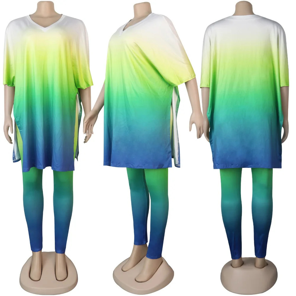 Plus size tie dye print set womens long shirt two-piece pants set casual sweater summer womens clothing 240930